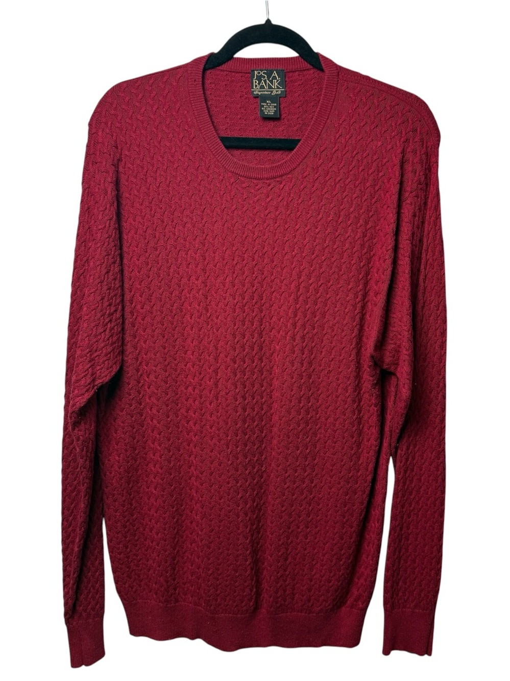 Jos Bank Signature Gold Cashmere Silk Sweater Men XL Red Maroon Cable Knit Crew